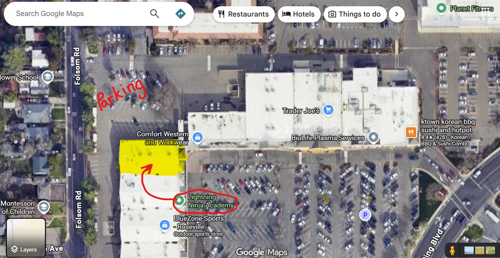Parking map for Lightning Ninja Academy showing the rear parking lot behind Trader Joe's