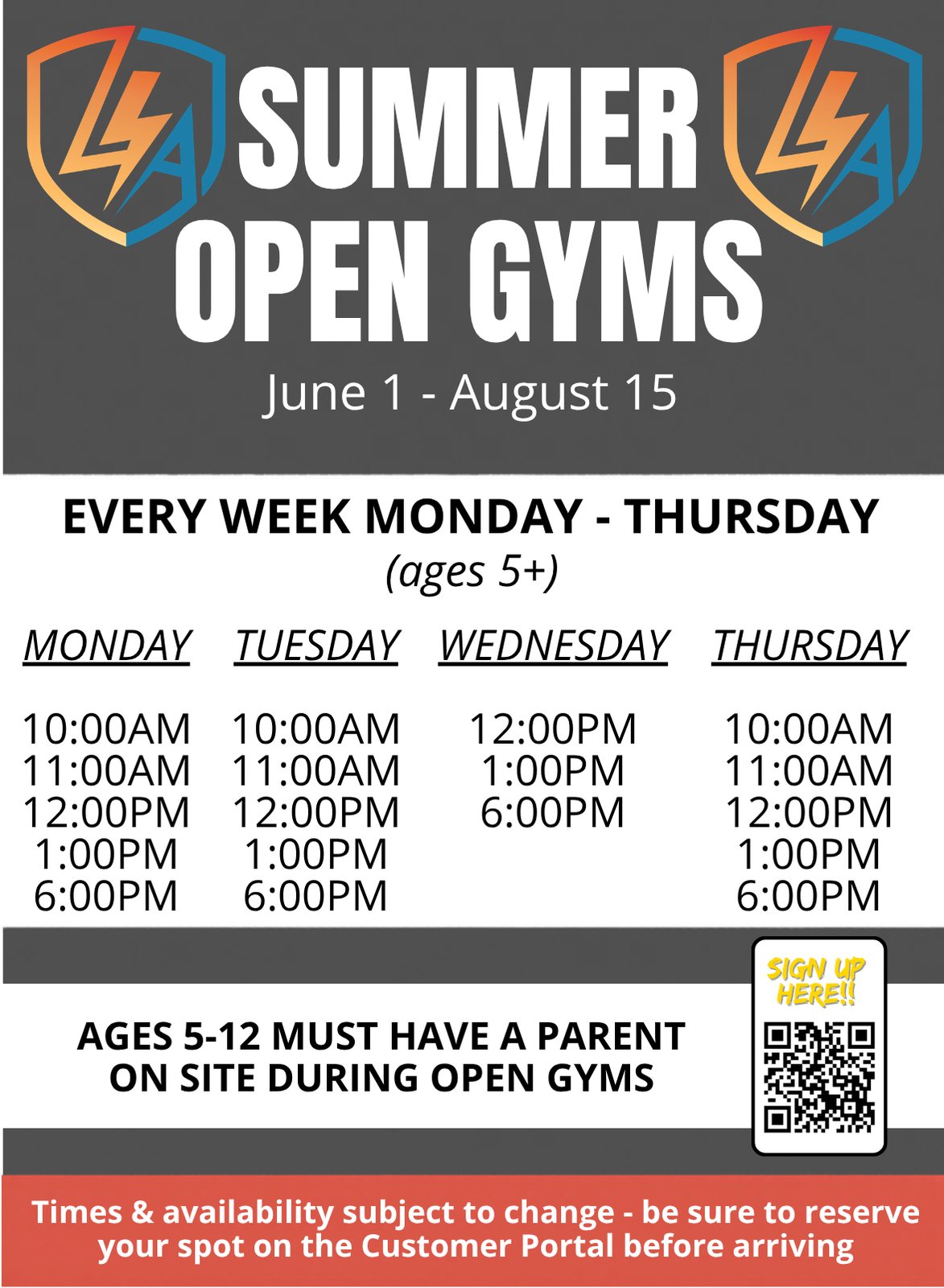 Lightning Ninja Academy weekly schedule graphic